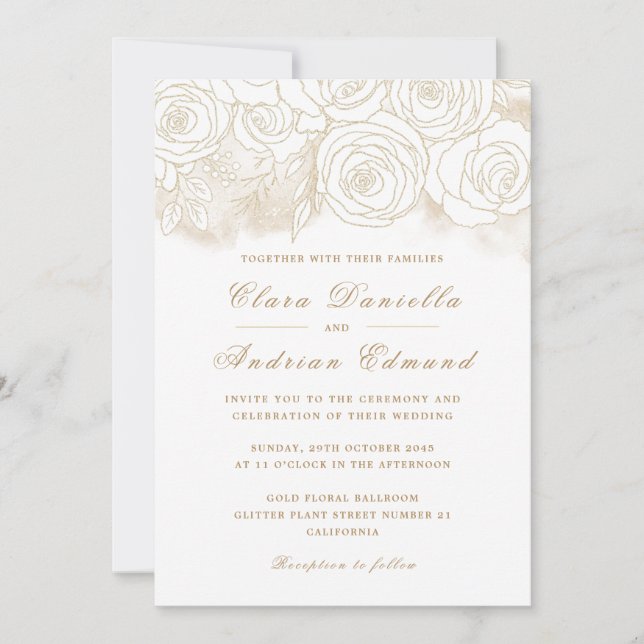 Elegante invitación a la boda con Rosas de oro (Anverso)