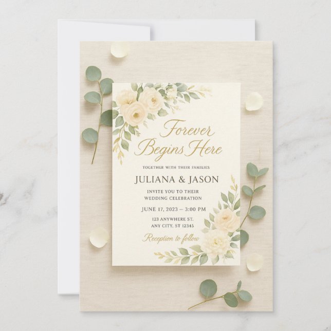 Elegante invitación a la boda con suaves personaje (Anverso)