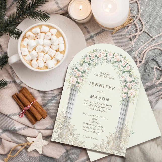 Elegante invitación a la boda de arco floral (Elegant Floral Arch Wedding Invitation #zazzlefinds #softcolorinvitation #goldandflowers #watercolor)