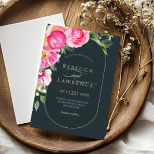 Elegante invitación a la boda de arco floral rosa 