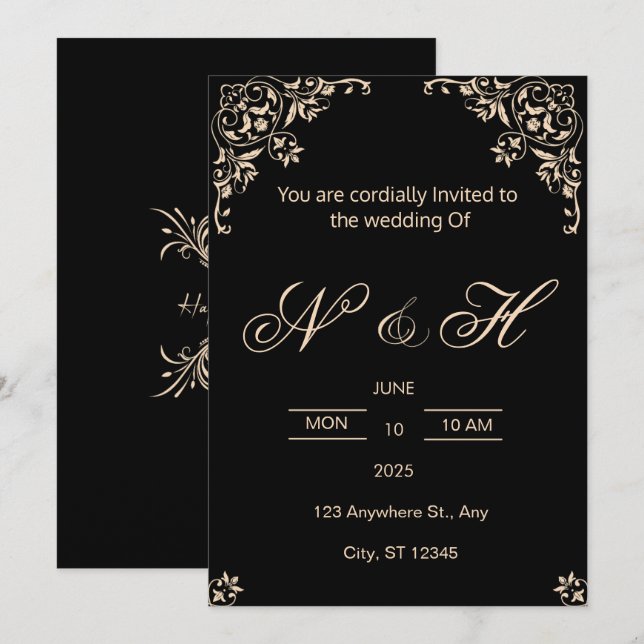 Elegante invitación a la boda de Black & Gold (Anverso / Reverso)