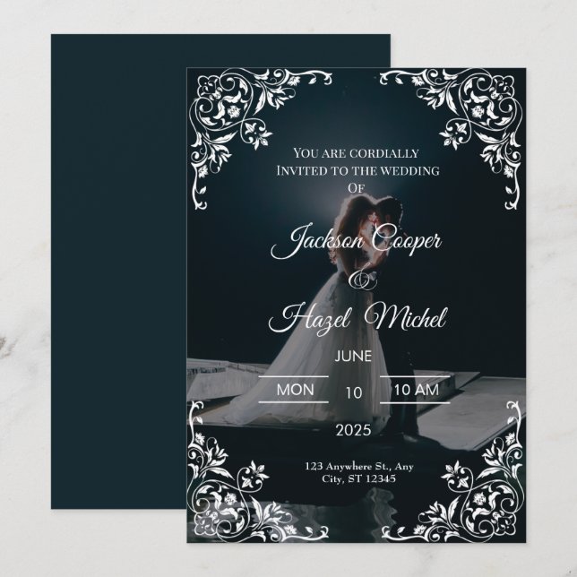 Elegante invitación a la boda de Black & Gold (Anverso / Reverso)