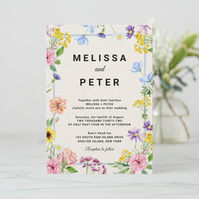 Elegante invitación a la boda de Boho Wildflower (Anverso de pie)