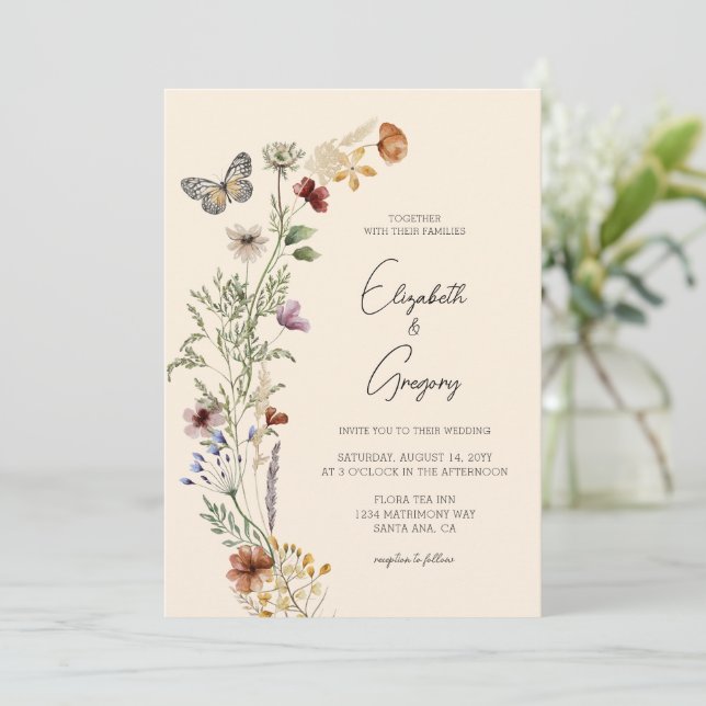 Elegante invitación a la boda de Boho Wildflower (Anverso de pie)