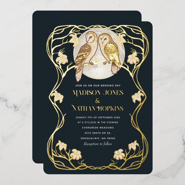 Elegante invitación a la boda de búhos de estilo A (Anverso/Reverso)