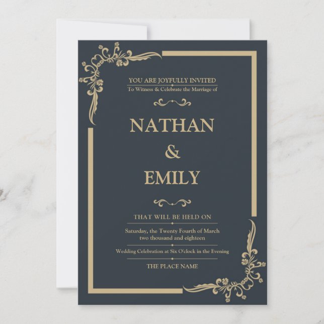 Elegante Invitación a la Boda de Carbón y Oro (Anverso)