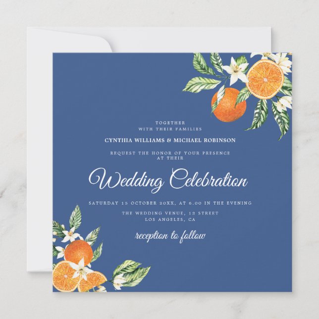 elegante invitación a la boda de cítricos florales (Anverso)