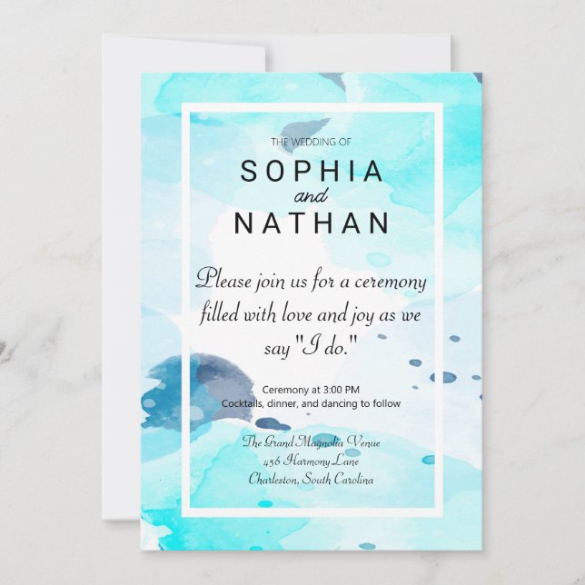 Elegante Invitación a la boda de color azul (Anverso)