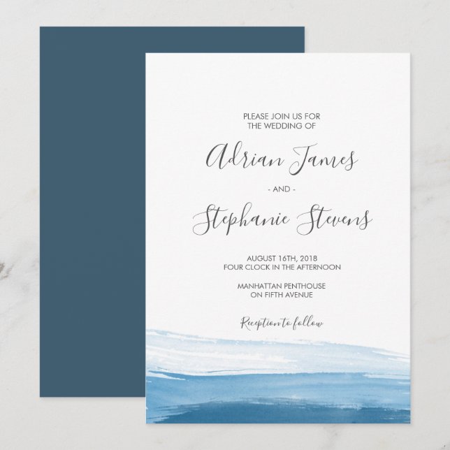 Elegante Invitación a la boda de color azul naranj (Anverso / Reverso)