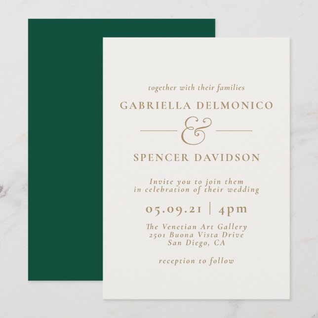 Elegante Invitación a la boda de Crema Verde Esmer (Anverso / Reverso)