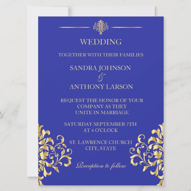 Elegante Invitación a la Boda de Damasco Azul y Or (Anverso)