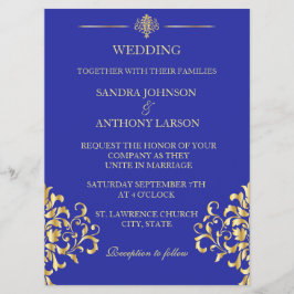 Elegante Invitación a la Boda de Damasco Azul y Or
