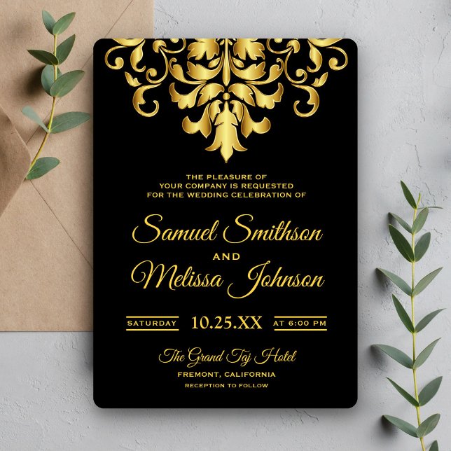 Elegante Invitación a la Boda de Damasco en Negro  (Subido por el creador)