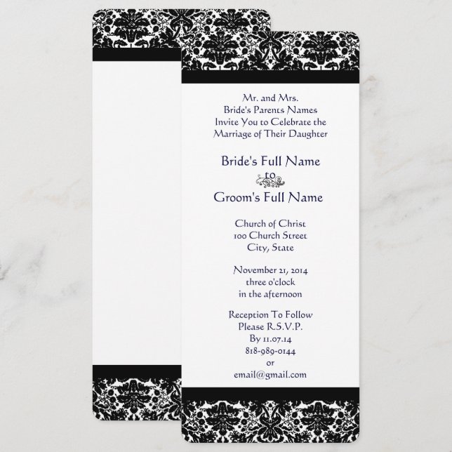 Elegante invitación a la boda de Damasco Negro (Anverso / Reverso)