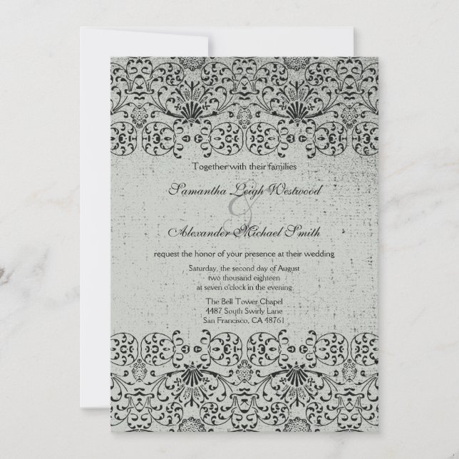 Elegante invitación a la boda de damasco negro pla (Anverso)