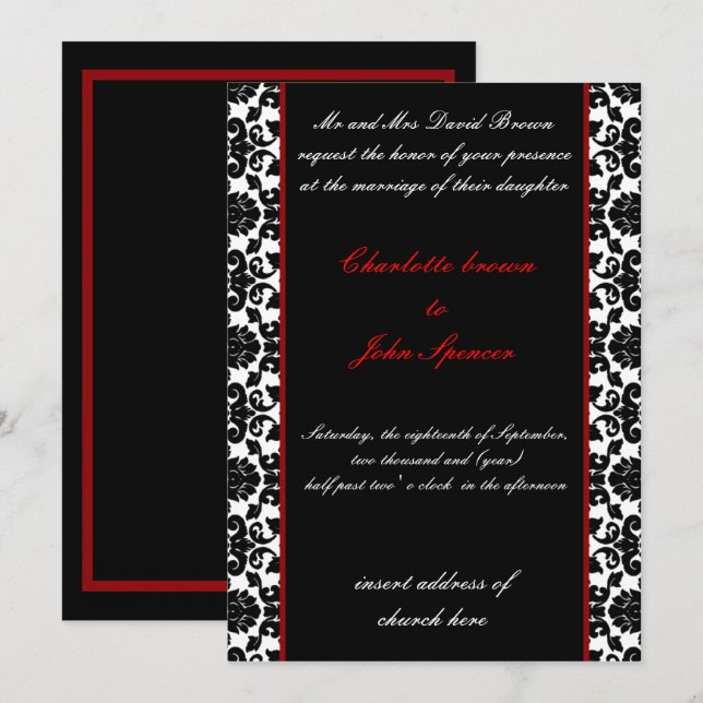 elegante invitación a la boda de damasco rojo (Anverso / Reverso)