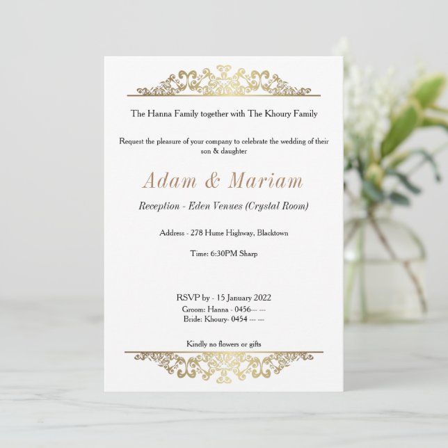 Elegante invitación a la boda de diseño de oro ára (Anverso de pie)