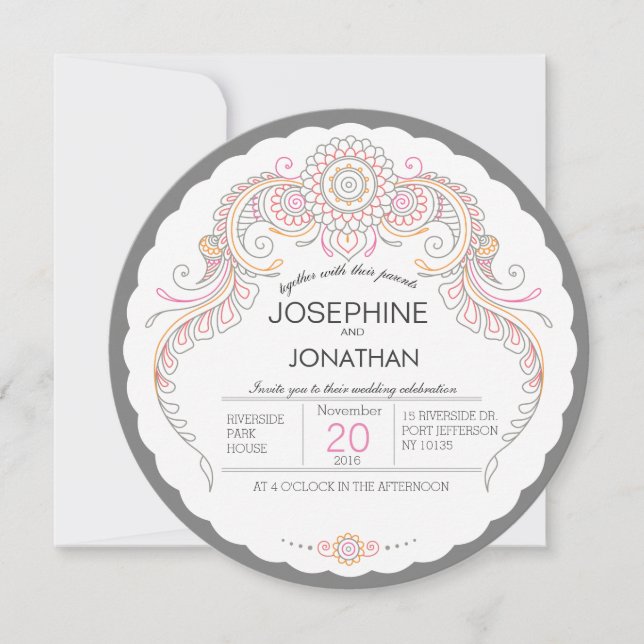Elegante invitación a la boda de diseño Mehndi (Anverso)