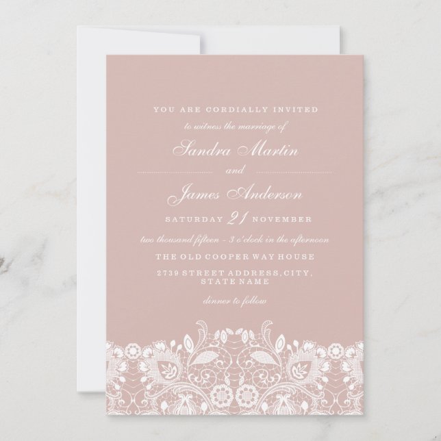 Elegante invitación a la boda de encaje blanco (Anverso)