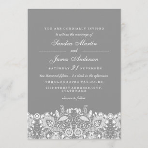 Elegante invitación a la boda de encaje blanco gri