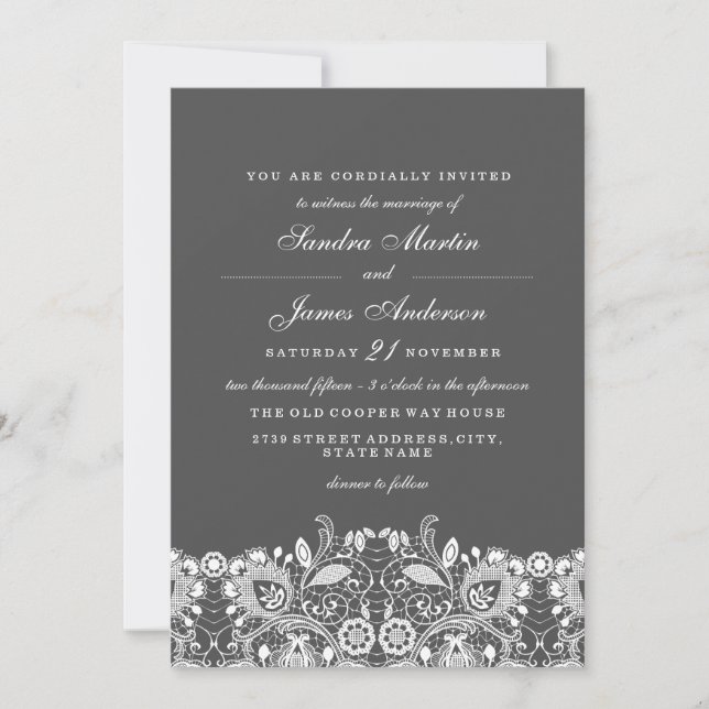 Elegante invitación a la boda de encaje blanco gri (Anverso)