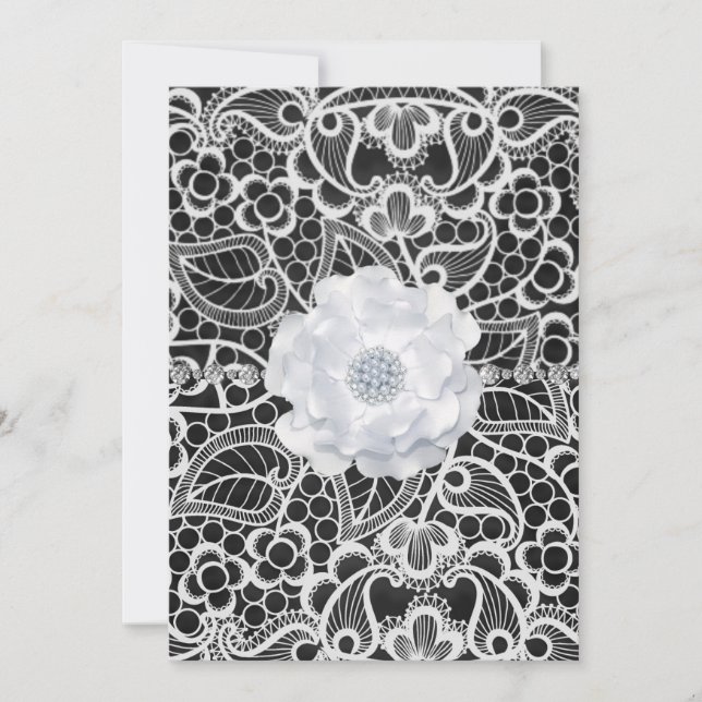 Elegante invitación a la boda de encaje blanco y n (Anverso)