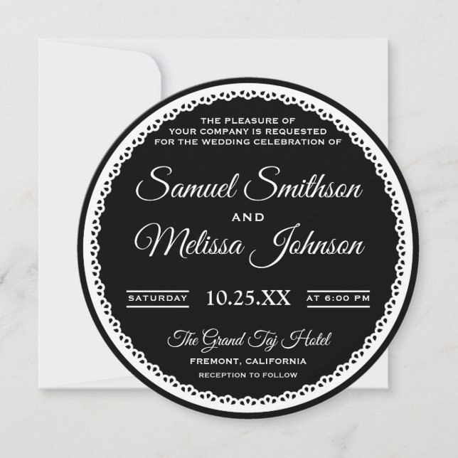 Elegante invitación a la boda de encaje blanco y n (Anverso)