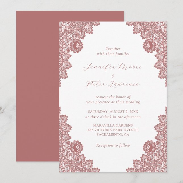 Elegante invitación a la boda de encaje de Marsala (Anverso / Reverso)