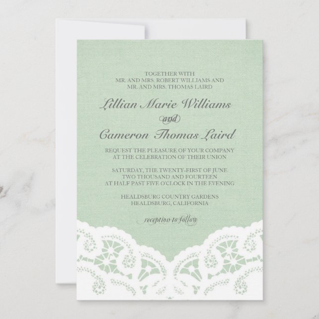 Elegante invitación a la boda de encaje de menta (Anverso)