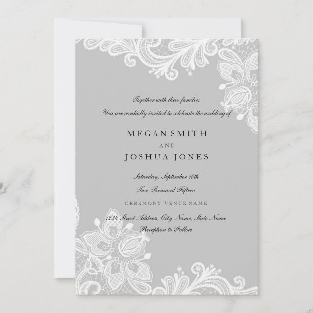 Elegante invitación a la boda de encaje gris blanc (Anverso)