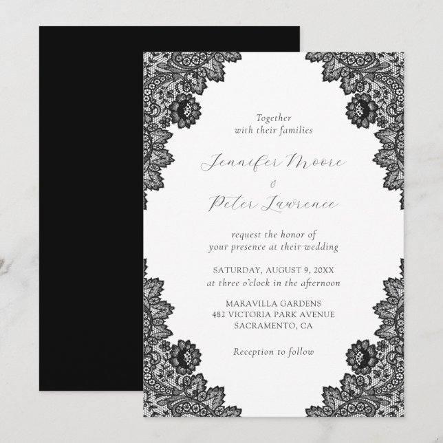 Elegante invitación a la boda de encaje negro (Anverso / Reverso)