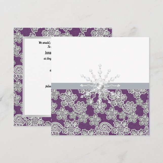 Elegante invitación a la boda de encaje púrpura (Anverso / Reverso)