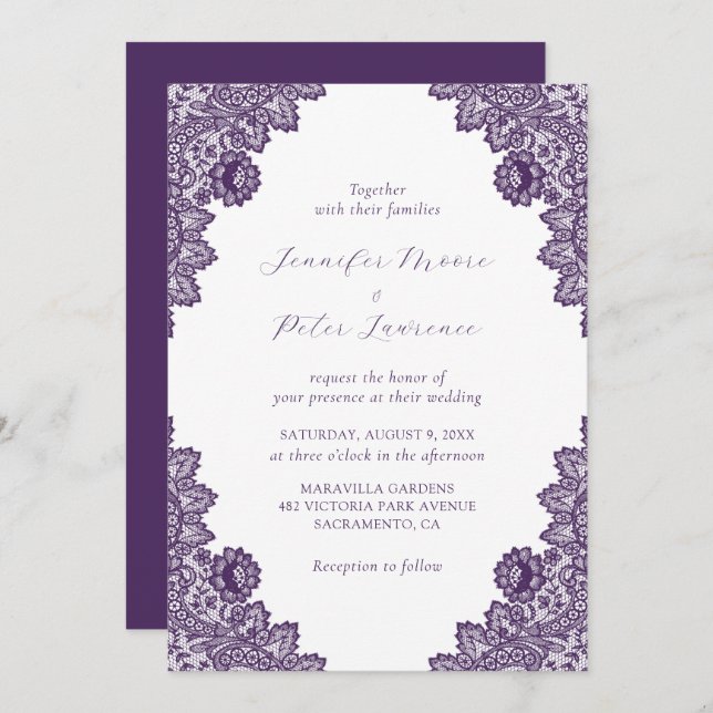 Elegante invitación a la boda de encaje púrpura (Anverso / Reverso)