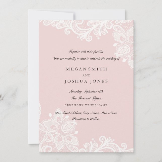 Elegante Invitación a la boda de encaje rosado de  (Anverso)
