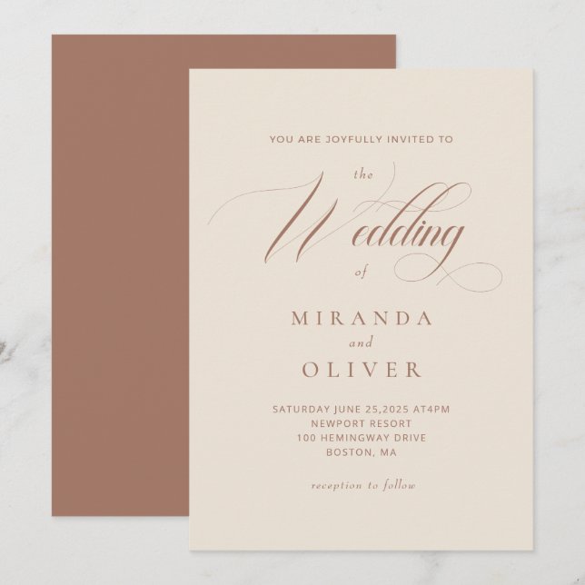 Elegante invitación a la boda de escritura beige (Anverso / Reverso)
