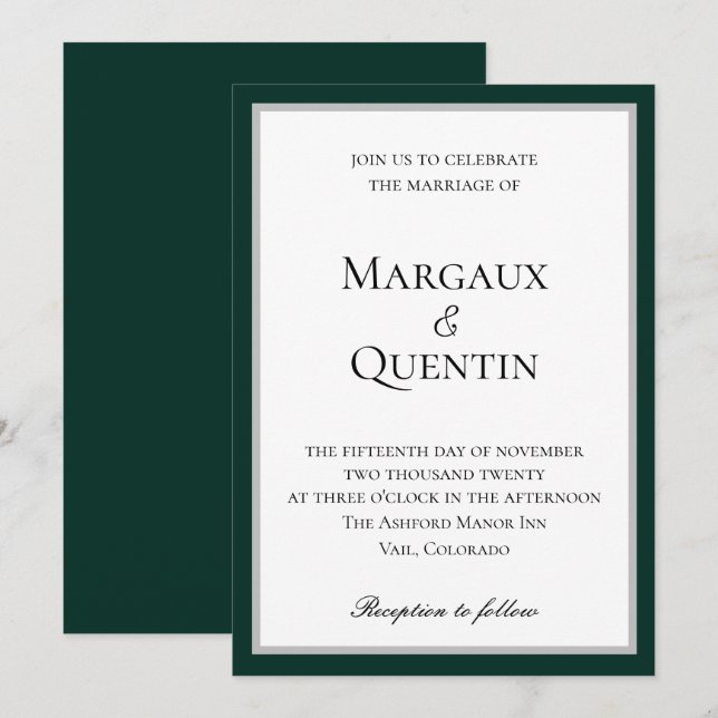 Elegante invitación a la boda de esmeralda y plata (Anverso / Reverso)