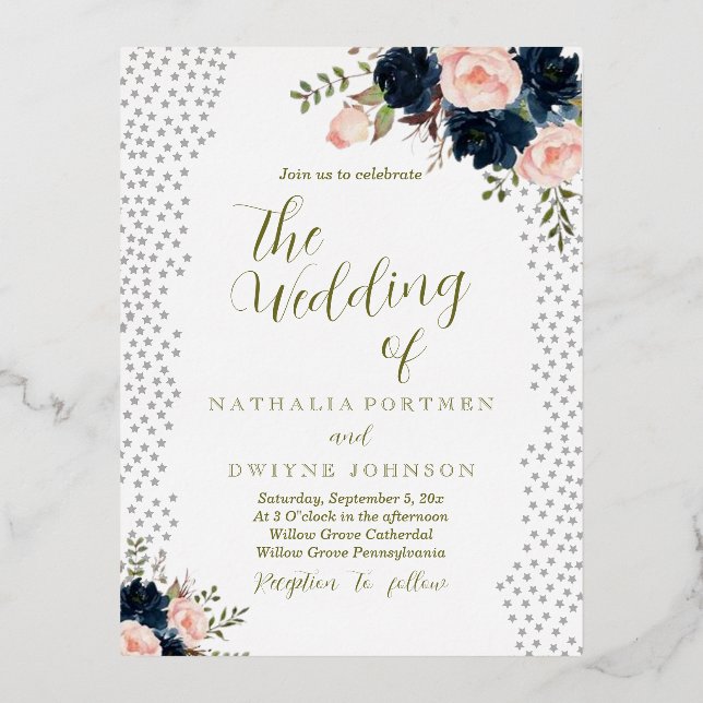 Elegante invitación a la boda de estrellas Rosas (Anverso)
