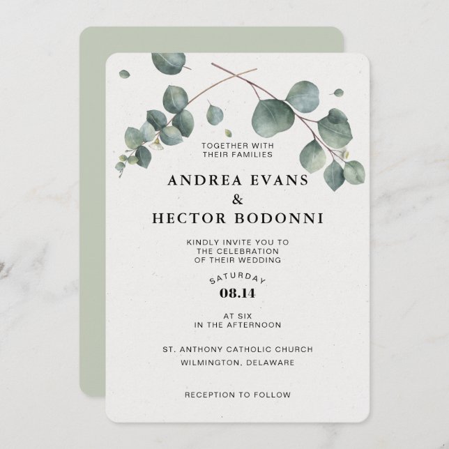 Elegante invitación a la boda de Eucalipto (Anverso / Reverso)
