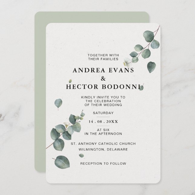 Elegante invitación a la boda de Eucalipto (Anverso / Reverso)