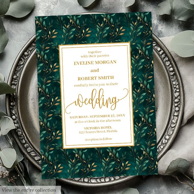 Elegante Invitación a la Boda de Eucalipto de Oro  (Stylish Emerald Gold Eucalyptus Wedding Invitation)