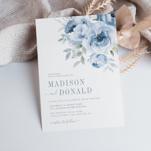 elegante invitación a la boda de flores azules pol
