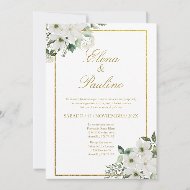 Elegante invitación a la boda de flores blancas en (Anverso)