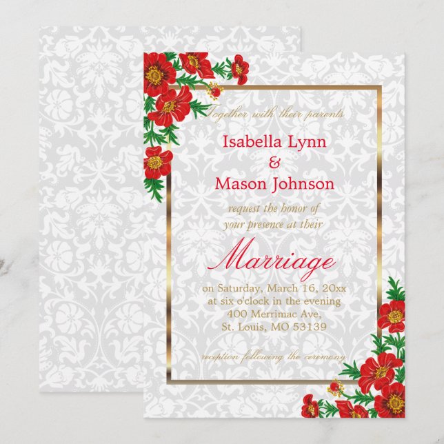 Elegante Invitación a la boda de flores de amapola (Anverso / Reverso)
