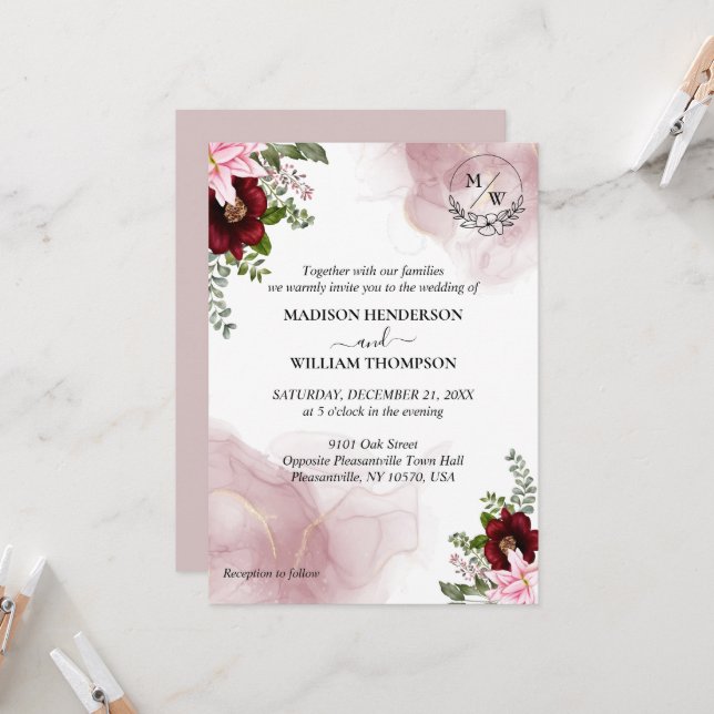 Elegante invitación a la boda de flores de Borgoña (Anverso/Reverso In Situ)