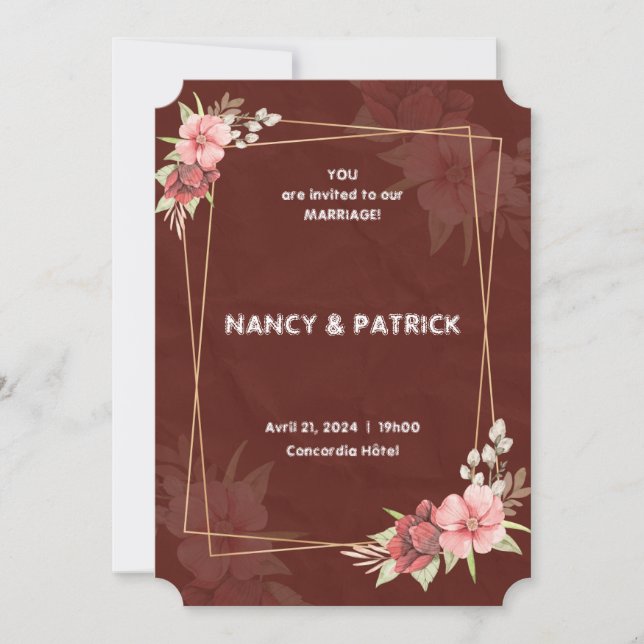 Elegante invitación a la boda de flores de Borgoña (Anverso)