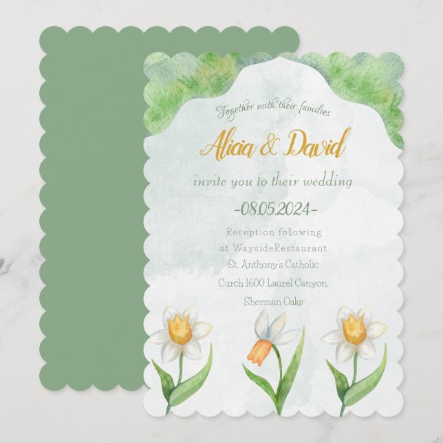 Elegante invitación a la boda de flores de Narciso (Anverso / Reverso)