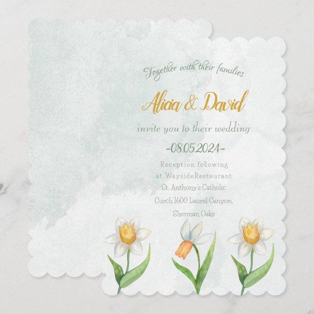 Elegante invitación a la boda de flores de Narciso (Anverso / Reverso)