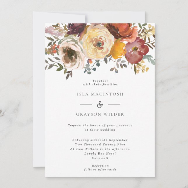 Elegante Invitación a la boda de flores de otoño (Anverso)
