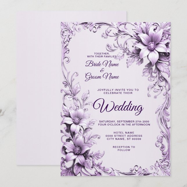 Elegante invitación a la boda de flores púrpura (Anverso / Reverso)
