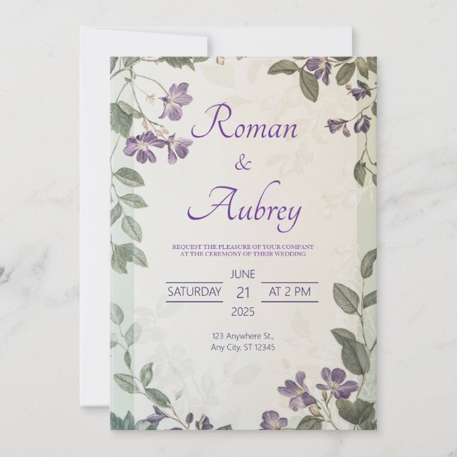 Elegante Invitación a la Boda de Flores Púrpura (Anverso)